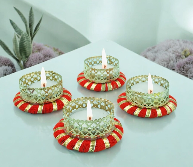 Metal Designer Tealight Candle Holder (Red, 6x6x2.4 cm) (Pack of 4)