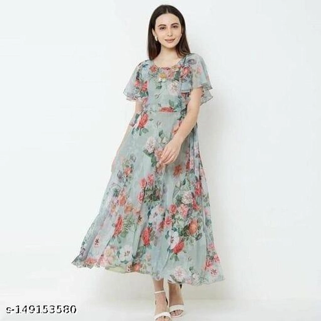 Georgette Printed Gown for Women (Sea Green, S)