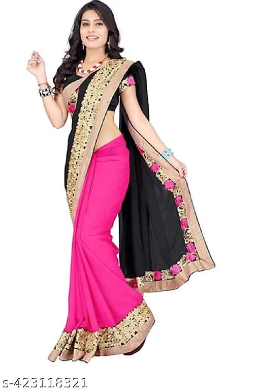 Chiffon Zari Woven Saree for Women (Black & Pink, 6.3 m)