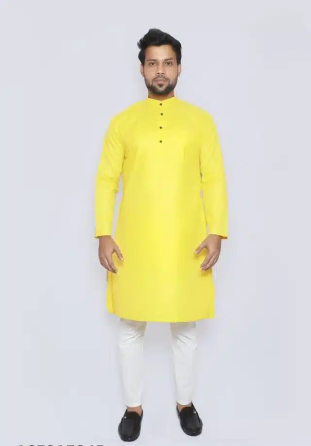 Cotton Blend Solid Kurta Set for Men (Yellow & White, L)