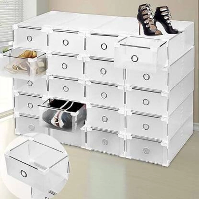 Shoe Box Storage Organizer Plastic Shoe Rack  (White, 6 Shelves, Knock Down)