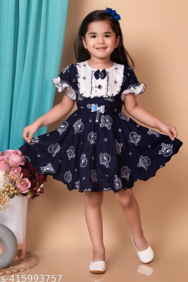 Cotton Printed Frock for Girls (Navy Blue, 1-2 Years)