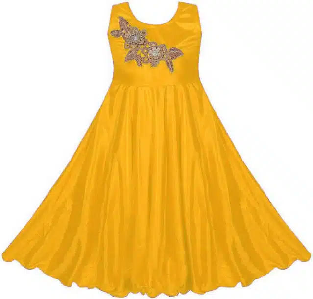 Lycra Embroidered Gown for Girls (Yellow, 10-11 Years)