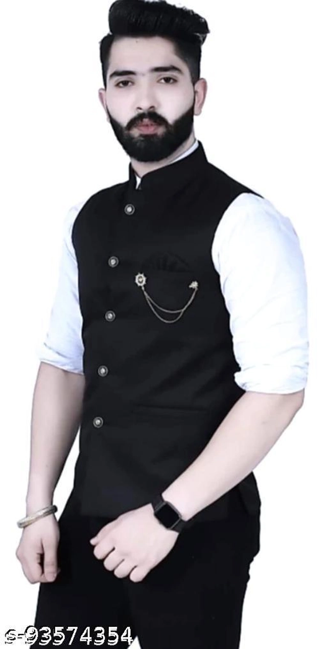 Cotton Slub Ethnic Jacket for Men (Black, M)