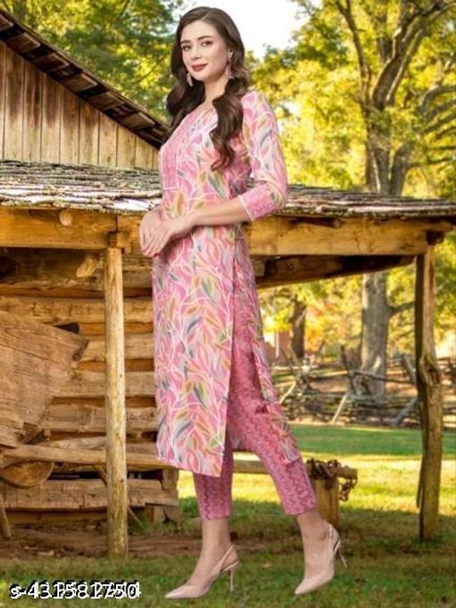 Cotton Printed Kurti with Pant for Women (Pink, S)