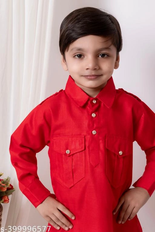 Cotton Solid Kurta with Pyjama for Boys (Red, 1-2 Years)