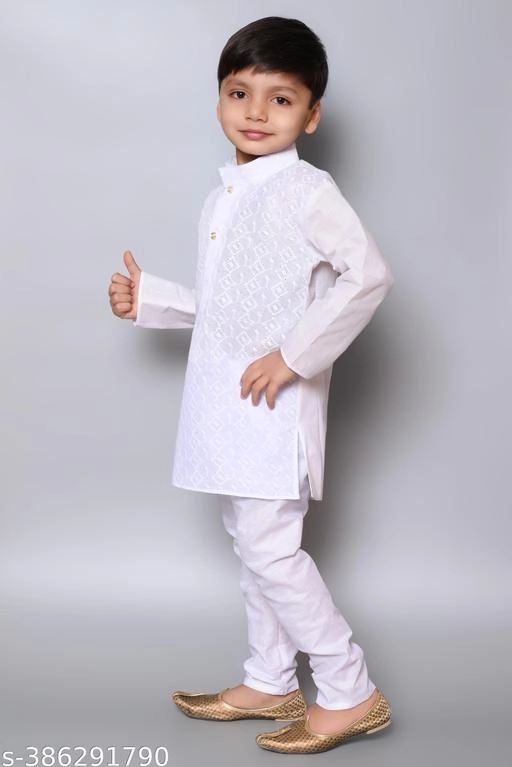 Cotton Blend Solid Kurta with Pyjama for Boys (White, 0-3 Months)