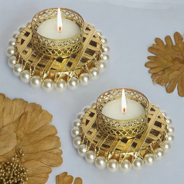 Metal Designer Tealight Candle Holder (Gold, 8.5x8.5x3 cm) (Pack of 2)