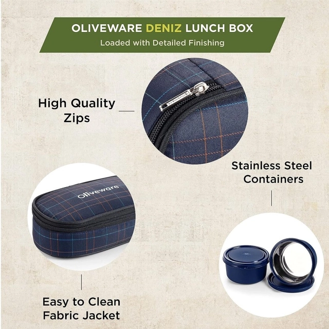 OLIVEWARE Deniz Lunch Box, 2 Stainless Steel Containers, Insulated Fabric Bag 2 Containers Lunch Box (900 ml, Thermoware, Pack of 1)