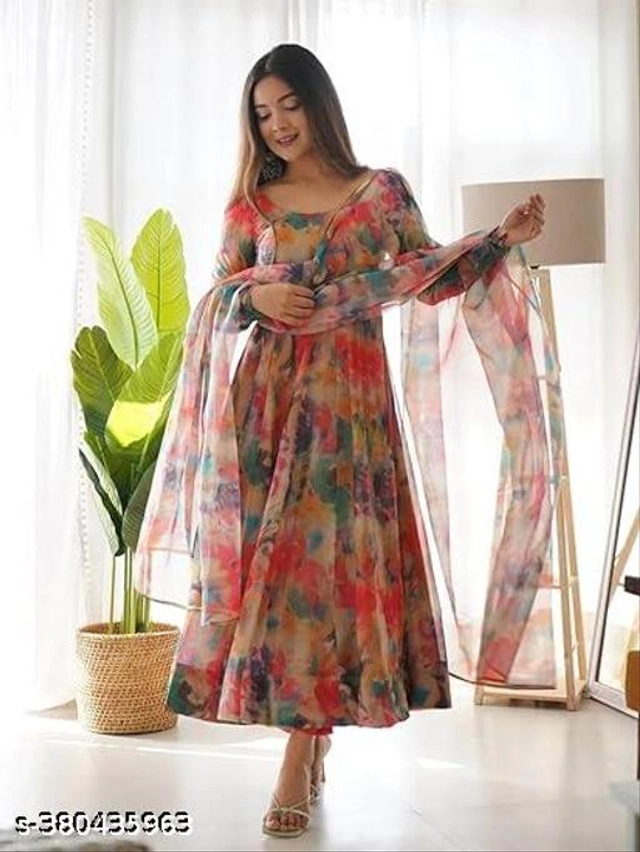 Soft Silk Printed Gown with Dupatta for Women (Multicolor, S)