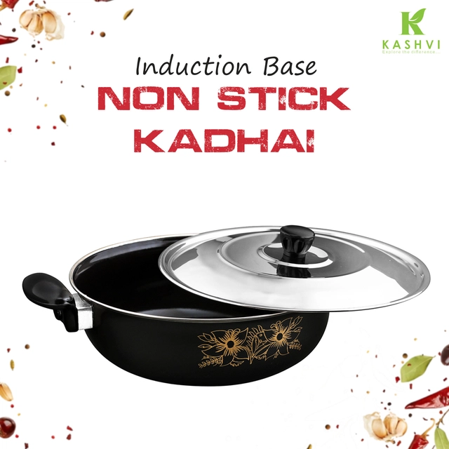 Cast Iron Kadai with Lid (Black & Silver, 28 cm)