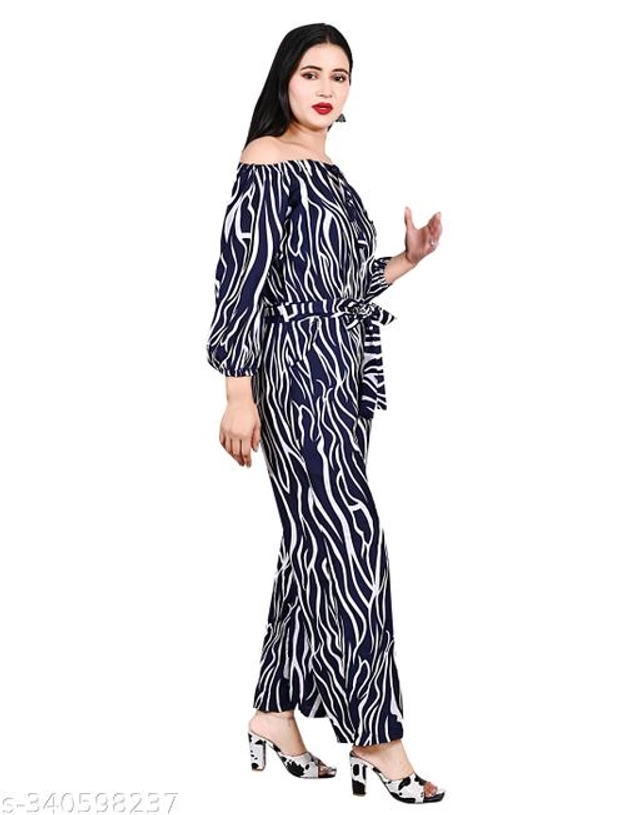 Crepe Printed Jumpsuit for Women & Girls (Navy Blue, S)