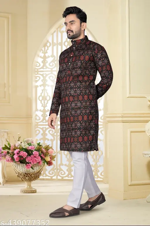 Cotton Ethnic Motif Kurta for Men (Multicolor, S)