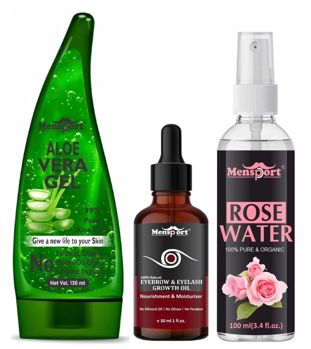 Mensport Aloevera Face Gel (130 ml), Vitamin C Facial Serum (30 ml) & Natural Rose Water (100 ml) (Set of 3)