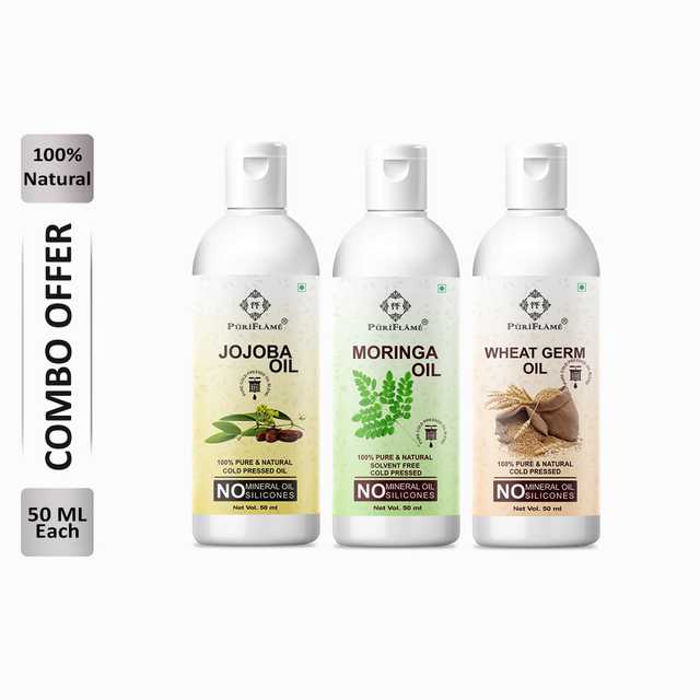 Puriflame Pure Jojoba Oil (50 ml), Moringa Oil (50 ml) & Wheat Germ Oil (50 ml) Combo for Rapid Hair Growth (Pack Of 3) (B-11535)