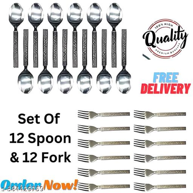 Stainless Steel 12 Pcs Spoons with 12 Pcs Forks (Silver, Set of 2)