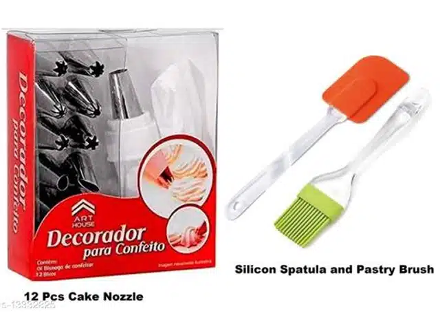 Cake Nozzles (12 Pcs) with Spatula & Oil Brush (Multicolor, Set of 3)