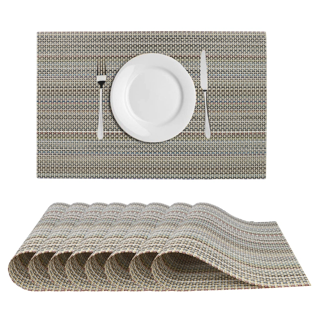 PVC Waterproof Rectangle Striped Table Mats (Gold, 45x30 cm) (Pack of 8)