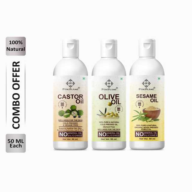 Puriflame Pure Castor Oil (50 ml), Olive Oil (50 ml) & Sesame Oil (50 ml) Combo for Rapid Hair Growth (Pack of 3) (B-10037)