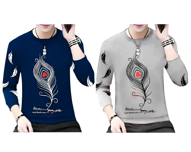 Round Neck Printed T-Shirts for Men (Navy Blue & Grey, S) (Pack of 2)