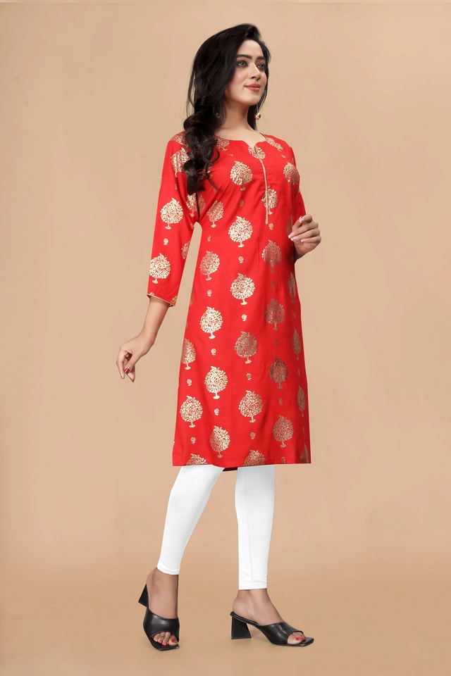 Cotton Silk Embellished Kurti for Women (Red, M)