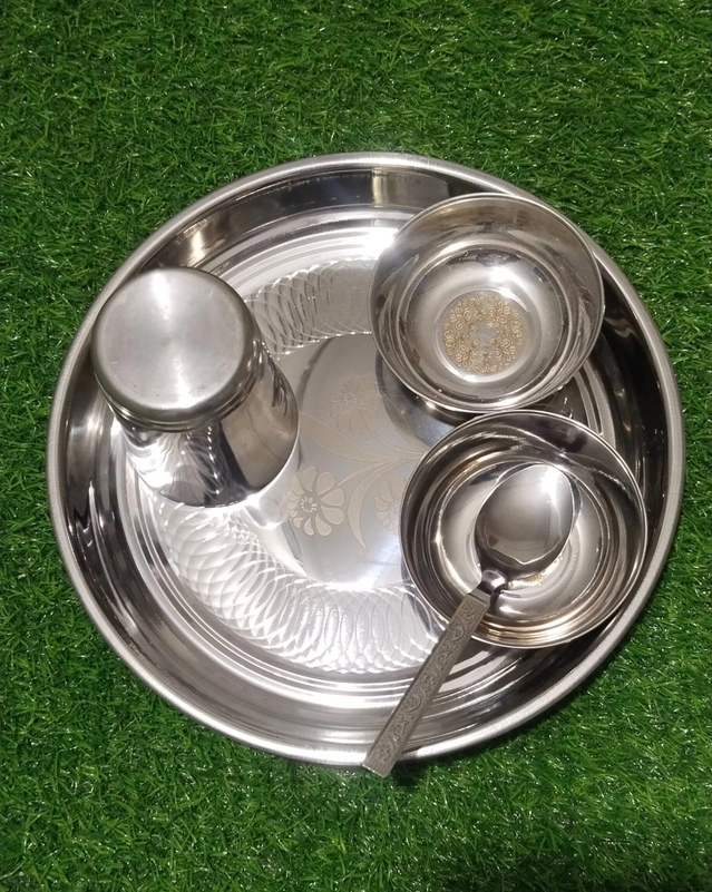 Stainless Steel Plate with 2 Bowls, Spoon & Glass Dinner Set (Silver, Set of 5)