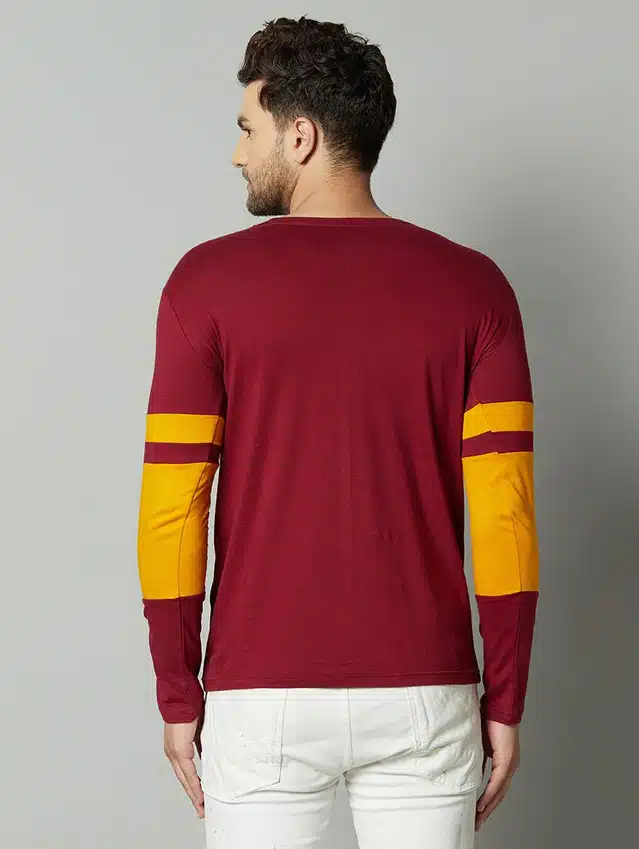 Men's Color Blocked Round Neck T-shirt (Maroon, S)