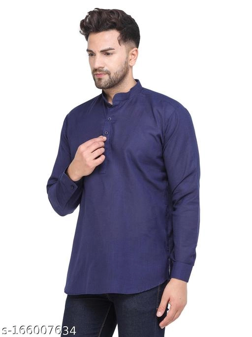 Cotton Blend Solid Short Kurta for Men (Navy Blue, S)