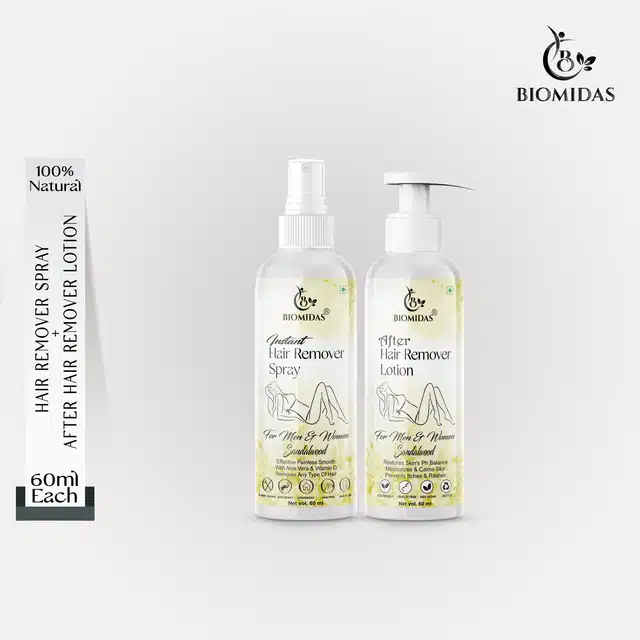 Biomidas Sandalwood Fragrance Painless Body Hair Removal Spray with Lotion (Pack of 2, 60 ml)