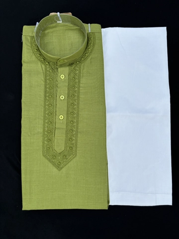 Cotton Full Sleeves Embroidered Kurta Set for Men (Green & White, M)