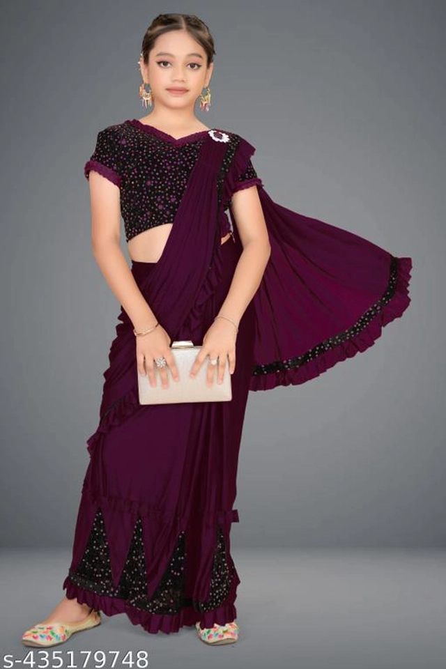 Poly Silk Solid Saree with Blouse for Girls (Wine, 3-4 Years)