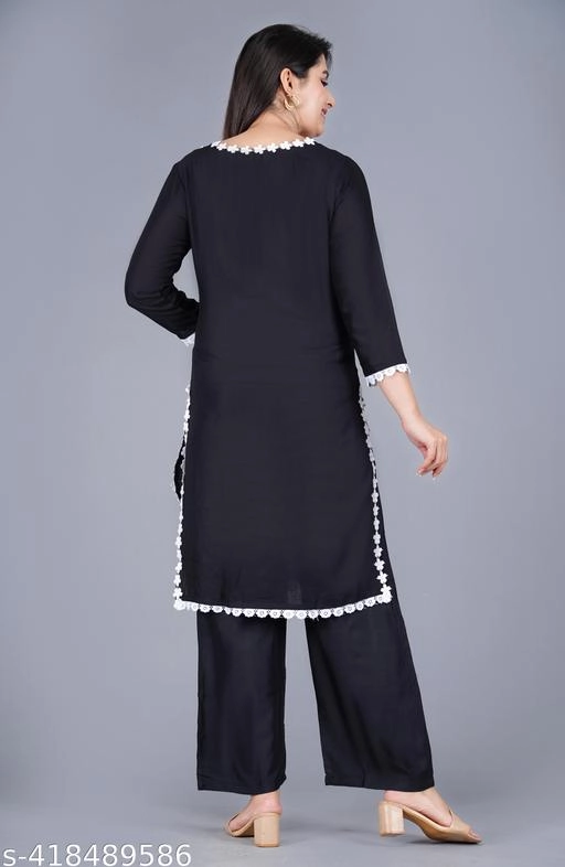 Rayon Solid Kurti with Palazzo for Women (Black, S)