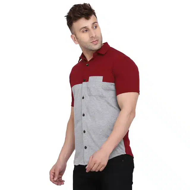 Men Solid Short Sleeves Shirt (Grey & Maroon, XL) (RSC-297)