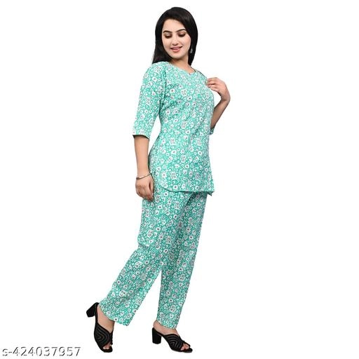 Rayon Printed Nightsuit for Women (Mint Green, S)