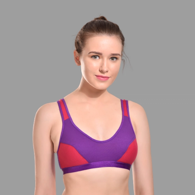 Cotton Colorblocked Non-Padded Sports Bra for Women (Purple & Red, 28)