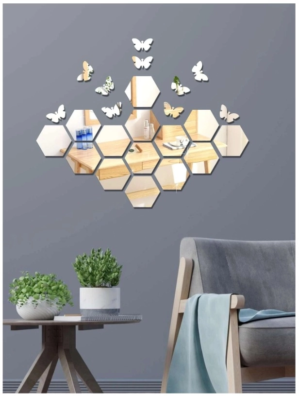 3D Silver Hexagon Decorative Acrylic Mirror Wall Stickers (Pack of 14) with 10 Butterfly Stickers