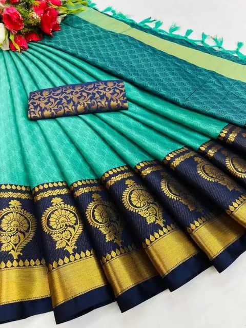 Awesome Cotton Silk Saree With Blouse Piece for Women (Rama) (A-411)