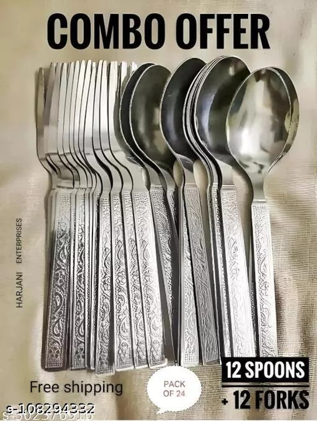 Stainless Steel 12 Pcs Spoons with 12 Pcs Forks (Silver, Set of 2)