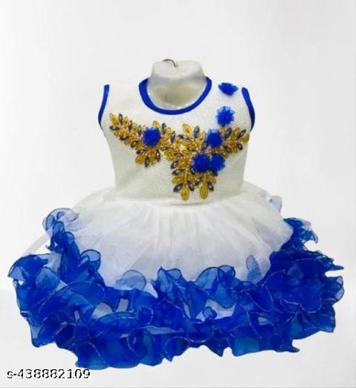 Net Frock for Girls (Blue & White, 0-3 Months)