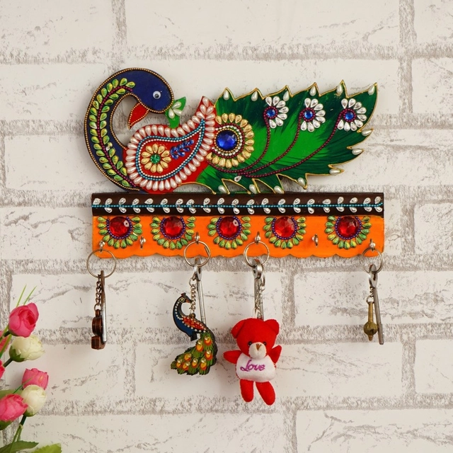 CAPIO ART Premium Peacock Wood Key Holder (6 Hooks) (Multicolor) (Pack of 1)