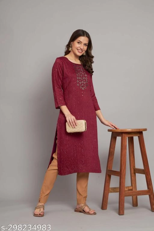 Cotton Embellished Kurti for Women (Maroon, M)