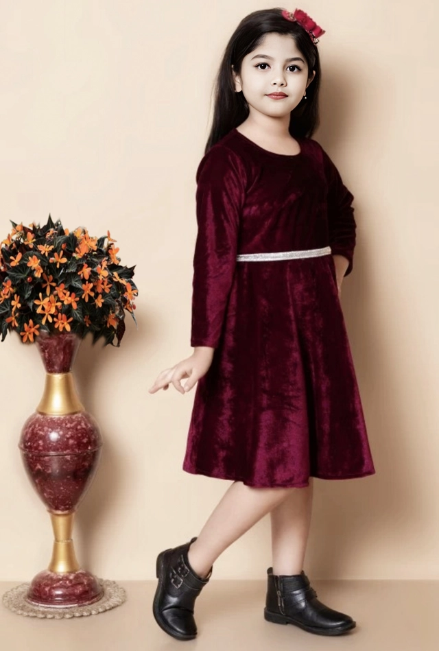 Velvet Solid Dress for Girls (Maroon, 0-3 Months)