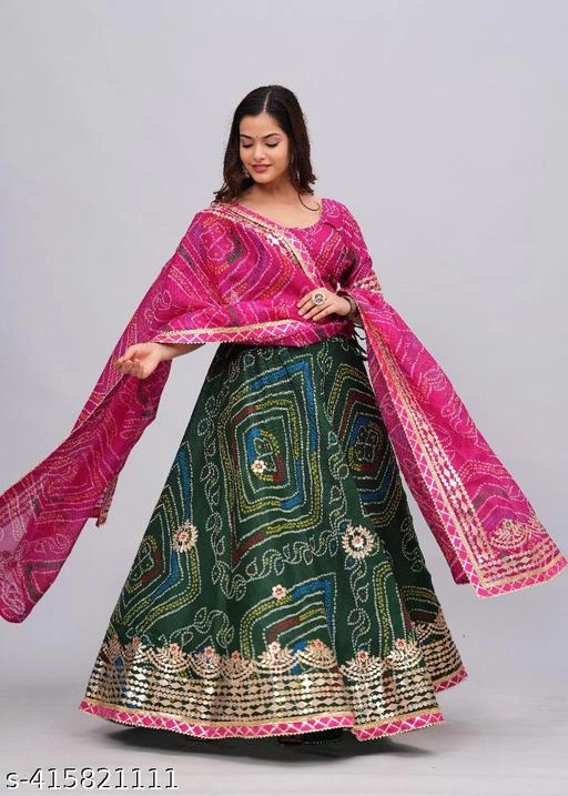 Kota Doriya Bandhani Semi Stitched Lehenga with Choli & Dupatta for Women (Pink & Green)