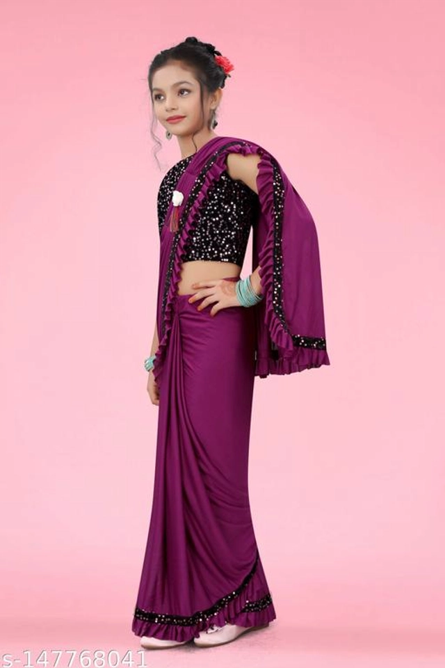 Solid Fancy Saree for Girls with Blouse (Wine, 3-4 Years)