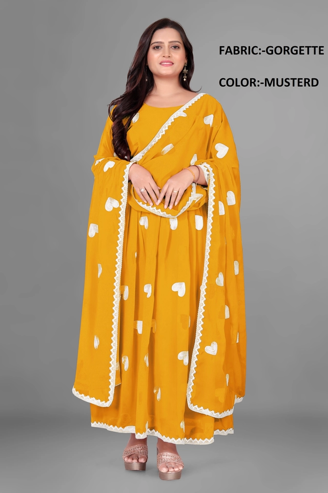 Georgette Ethnic Motif Gown with Dupatta for Women (Yellow & White, S)