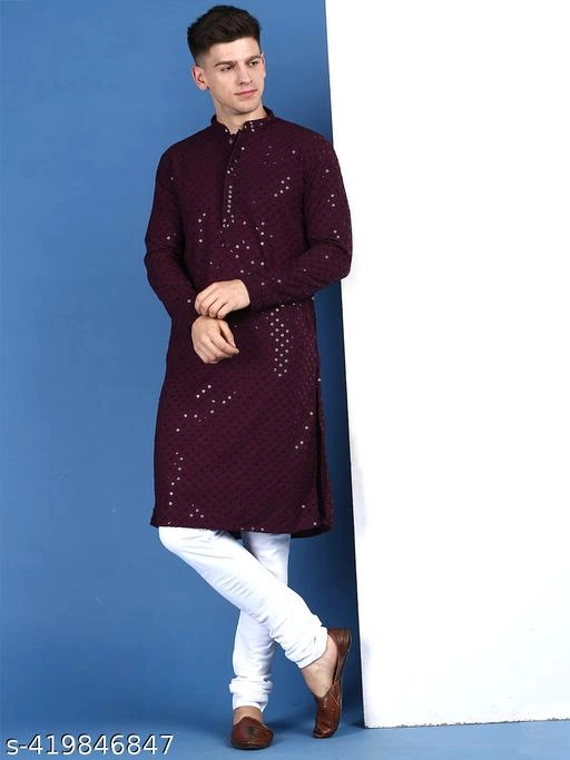 Viscose Embroidered Kurta for Men (S, Wine)