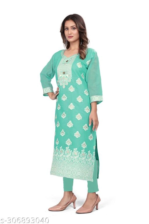 Cotton Embroidered Kurti for Women (Sea Green, L)