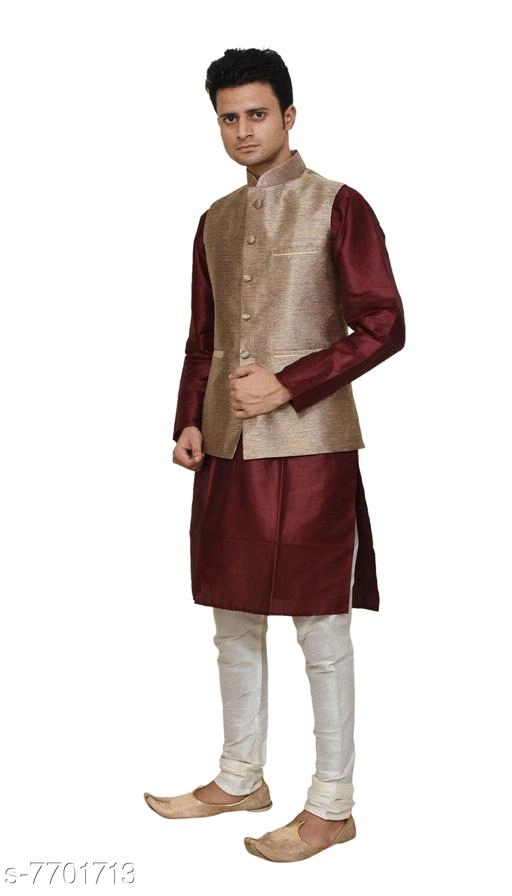 Dupion Silk Solid Kurta with Pyjama & Jacket for Men (Maroon & Brown, S)