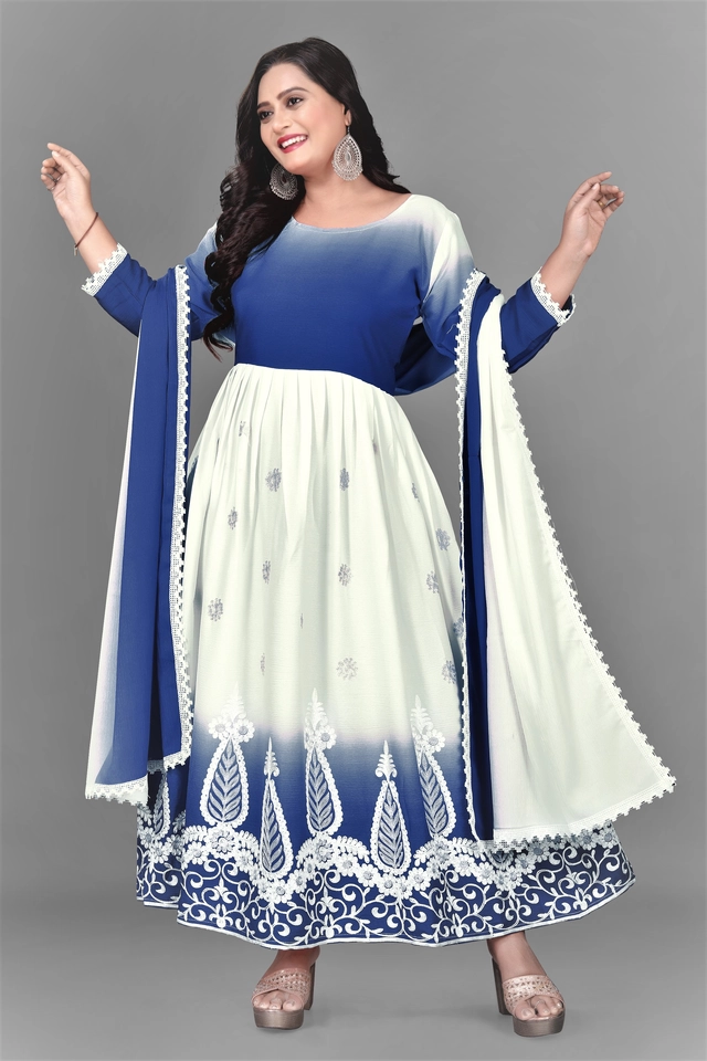 Jute Silk Ethnic Motif Gown with Dupatta for Women (Blue & White, S)