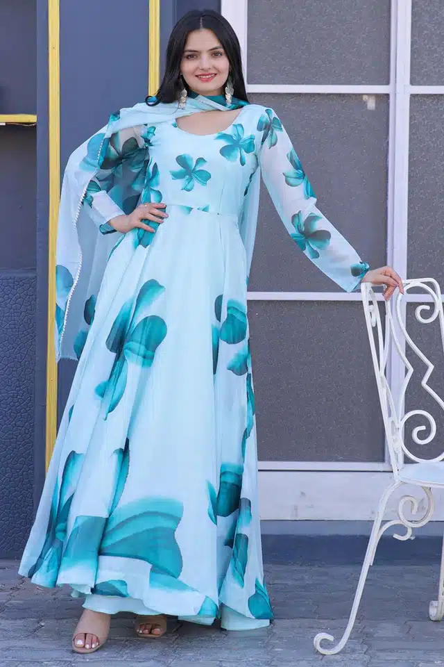 Georgette Printed Gown with Dupatta for Women (Aqua Blue, S)